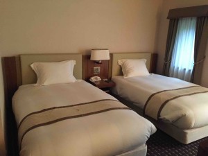 少し広めのツインベット。とはいえ、試しに子どもとゴロンとなってみたけど、やっぱり厳しそう