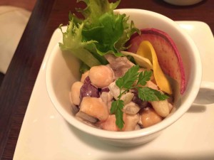 本日の一口オードブル（豆と卵を使ってないマヨネーズで美味！このマヨネーズ、購入して帰った）