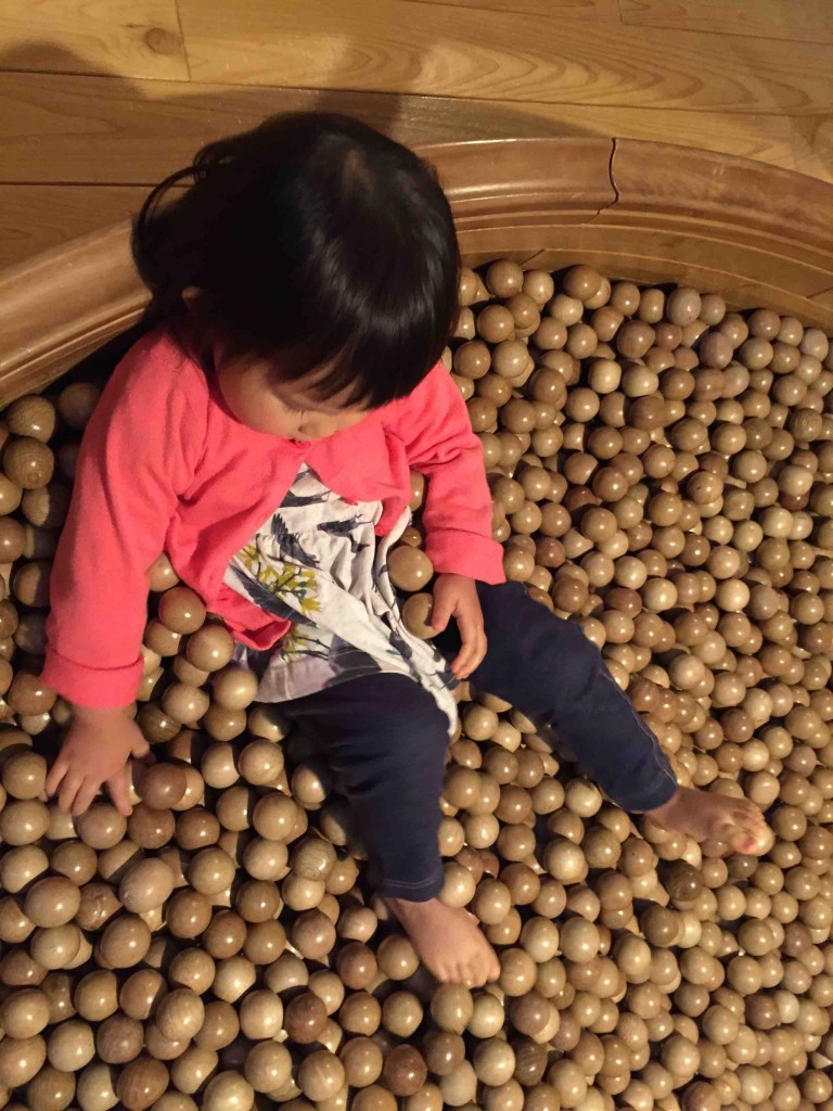 木のボールのお風呂（？）、裸足で入ったら気持ちよさそう！大人はダメよね、やっぱり・・・