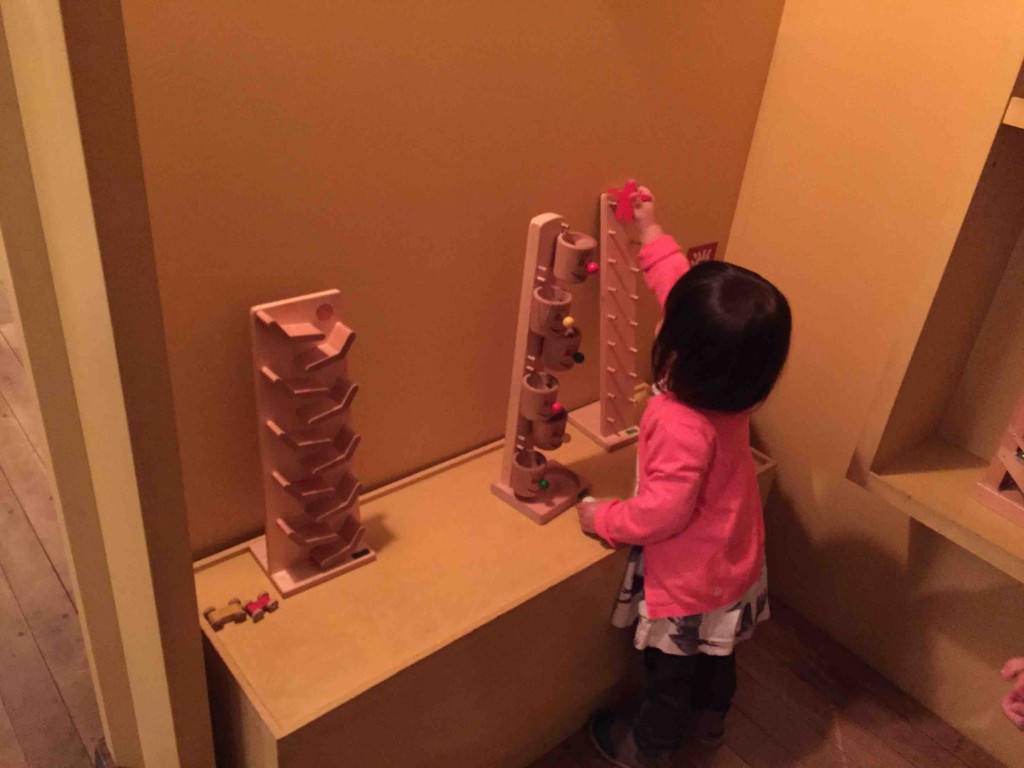 ひたすら落とすおもちゃ。うちの子はなぜか大好きで、デパートでも、おもちゃやでも、どこでもつかまる。この日もいちばん長時間いたのがここ。