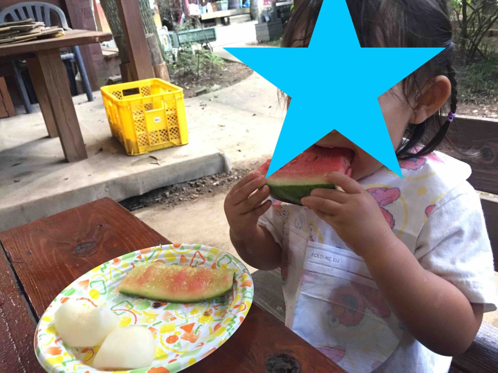 スイカも梨もペロリ。梨はご近所の農家さんのものらしい。